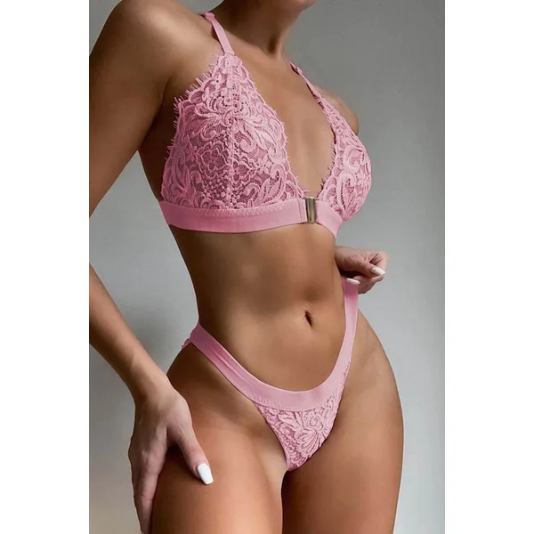 Honeysx Pink Two-piece Adjustable Straps Lace Bralette Set