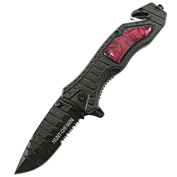 Hunt-Down 8.5″ Red spring assisted folding knife Belt Cutter Gla