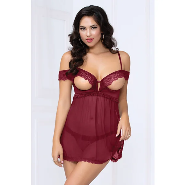 Lace and Mesh Open Cups Babydoll With fly Away Back and Panty Wine
