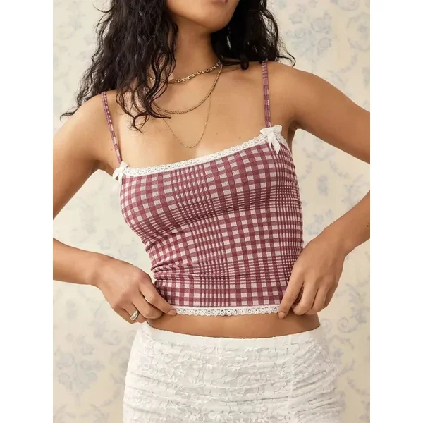 Lace Detail Plaid Square Neck Cami