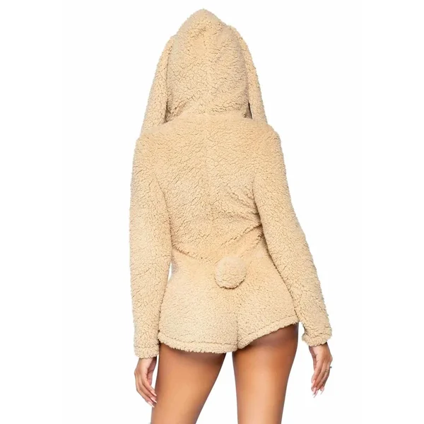 Leg Avenue Cuddle Bunny Ultra Soft Zip Up Teddy with Bunny Ear Hood and Cute Bunny Tail – Small – Beige