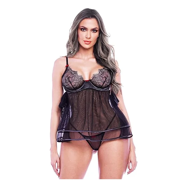LOVE YOU SEXY Women Lingerie Cute Babydoll Short Dress Negligee Sleepwear Lace Bra and Mesh Dress