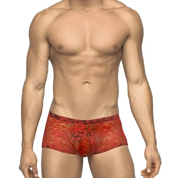 Male Power Stretch Lace Mini Short Red – Small