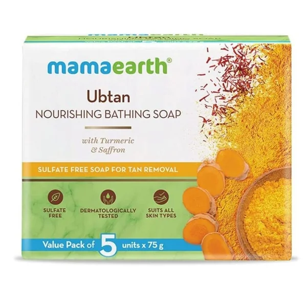 MAMAEARTH UBTAN NOURISHING BATHING SOAP WITH TUMERIC & SAFFRON FOR TAN REMOVAL (5×75g)