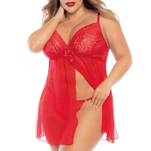 Mapale Sheer Mesh Split-Front Babydoll & Thong - Curvy