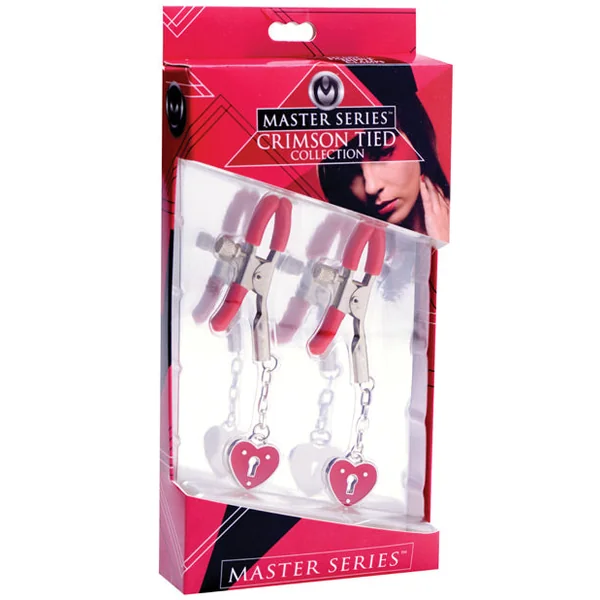 Master Series Charmed Heart Padlock Nipple Clamps - Red