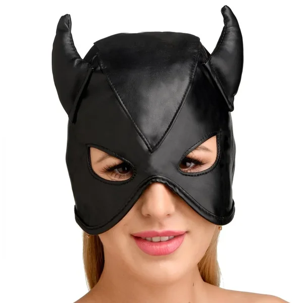 Master Series Dungeon Demon Bondage Hood with Horns Black