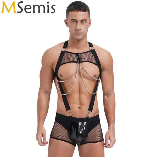 Men’s See-Through Fishnet Bodysuit with Chain Chest Harness & Glossy Pouch Trunks – Sexy Rave Clubwear
