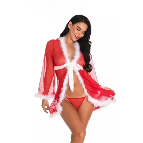 Mesh Christmas Kimono Long-Sleeved Robe & G-string