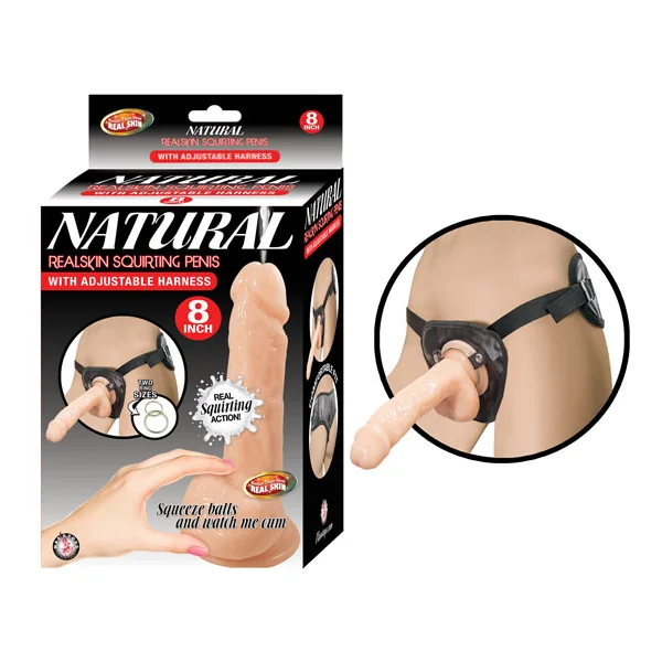 NATURAL REALSKIN SQUIRTING PENIS W/ ADJUSTABLE HARNESS 8IN FLESH