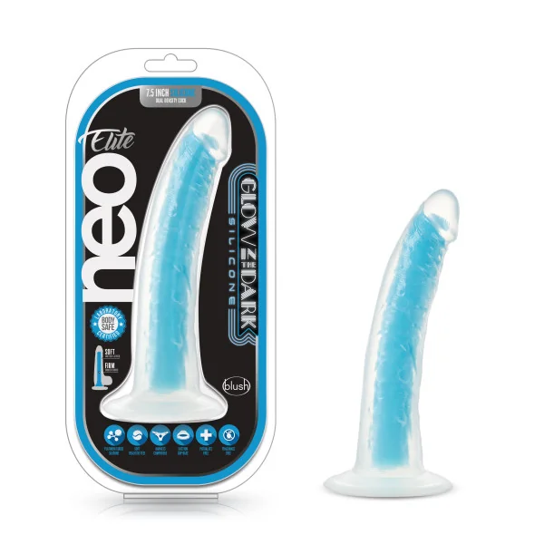 NEO ELITE GLOW IN THE DARK 7.5IN DUAL DENSITY COCK NEON BLUE