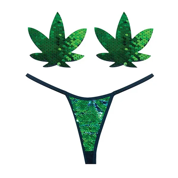 Neva Nude Naughty Knix Weed Leaf Sequin G-String & Pasties – Green O/S