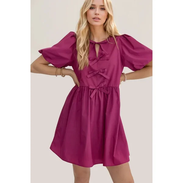 Oh Bow Ruched Puff Sleeve Mini Dress