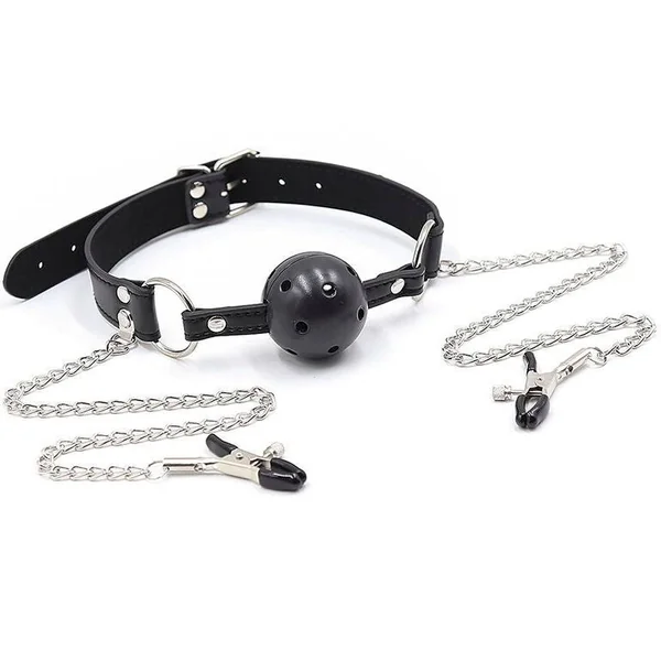 Ohmama fetish breathable ball gag with nipple clamps with metal chains