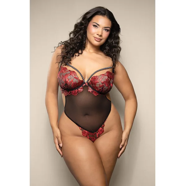 Opulence Embroidered Underwire Open Crotch Teddy w/Pearl Detail - Red QN