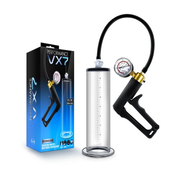 PERFORMANCE VX7 VACUUM PENIS PUMP W/ BRASS TRIGGER & PRESSURE GAUGE CLEAR