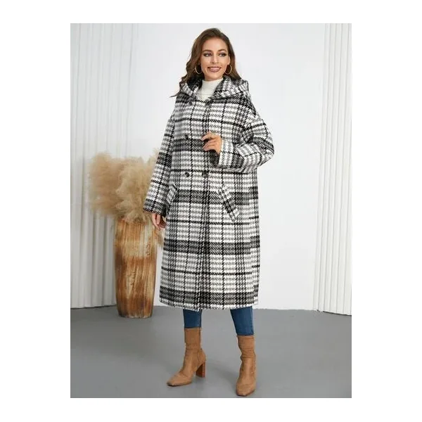 Plaid Double-Breasted Long Sleeve Longline Coat