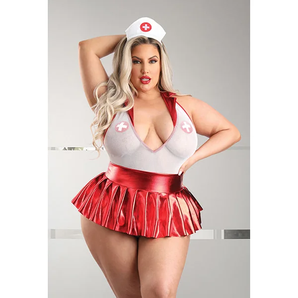 Play Pulse Check Collared Teddy W/open Back, Pleated Skirt, Medic Hat & Pasties Red/white 3x/4x