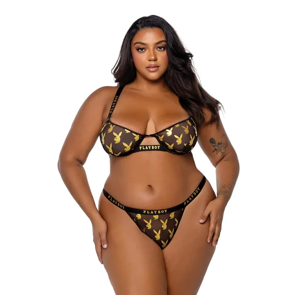 Playboy Gold Foil Mesh & Satin Bralette w/Thong 2 pc Set - Black/Gold 1