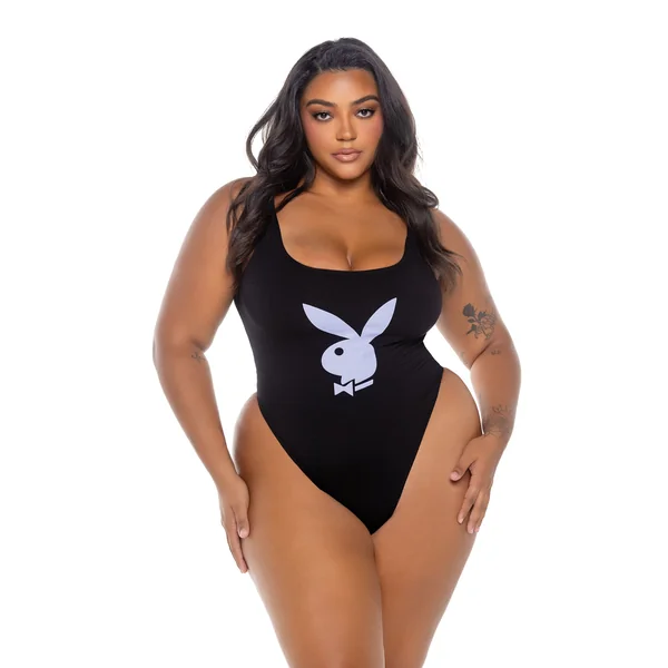 Playboy Scoop Neck Teddy w/Thong Back & Bunny Logo - Black/Lavender