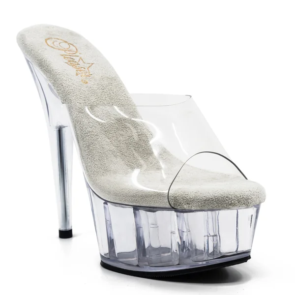 Pleaser Delight 6" Stiletto Platform Slide Sandals - Clear/Clear