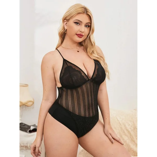 Plus Mesh Contrast Lace Teddy Bodysuit