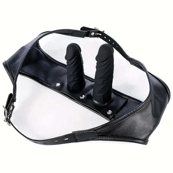 Premium Leather Harness Chastity Panties Set Silicone Double Dildos