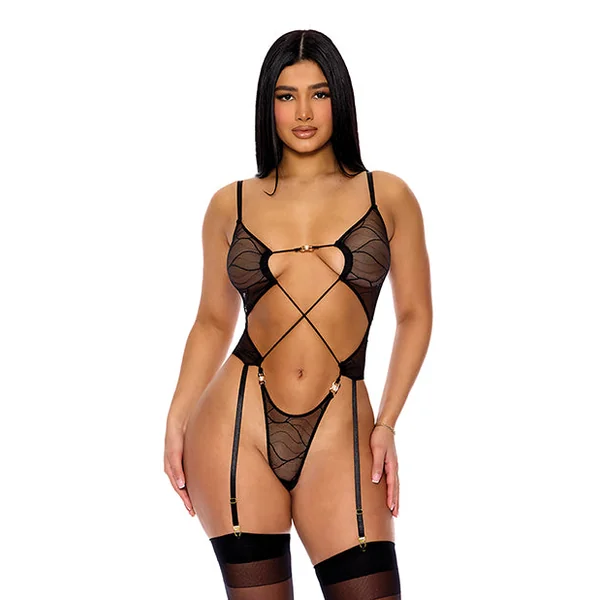 Pull My Strings Sheer Mesh Teddy w/Garters & Faux Pearl Details - Black XL