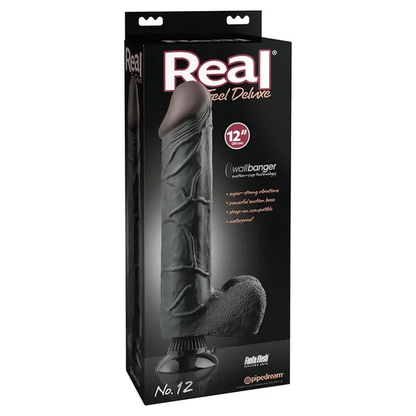 Real Feel Deluxe No. 12 Realistic 12 in. Vibrating Dildo With Balls and Suction Cup Black