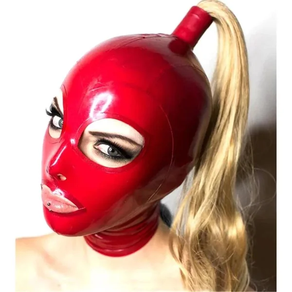 Red Latex Hood with Blonde Ponytail Wig – Full Face Rubber Mask for Cosplay, Clubwear, and Party Costumes
