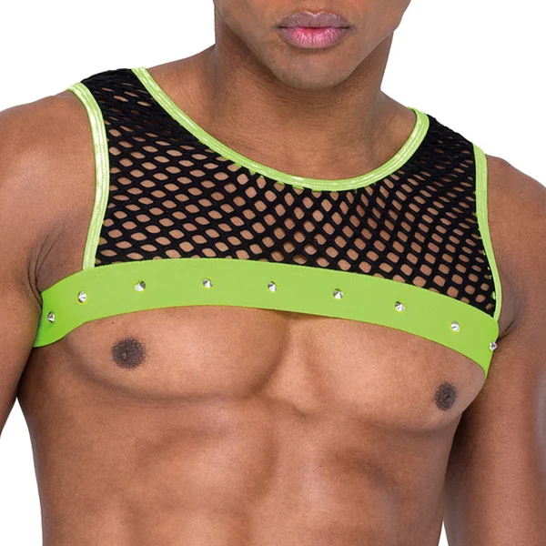 Roma Glow in the Dark Elastic Studded Fishnet Mesh Cropped Tank Top