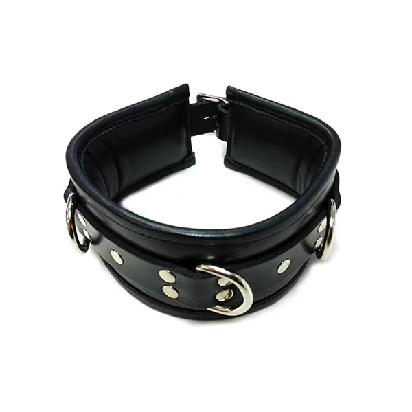 Rouge Leather Padded 3 D Ring Collar - Black