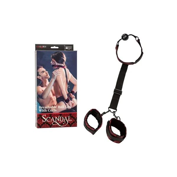 Scandal Breathable Ball Gag With Cuffs – Red