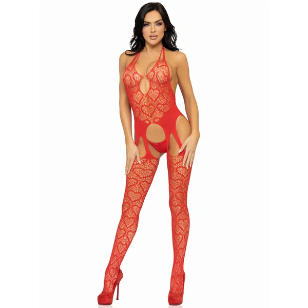 Seamless Heart Net Suspender Bodystocking - One Size - Red