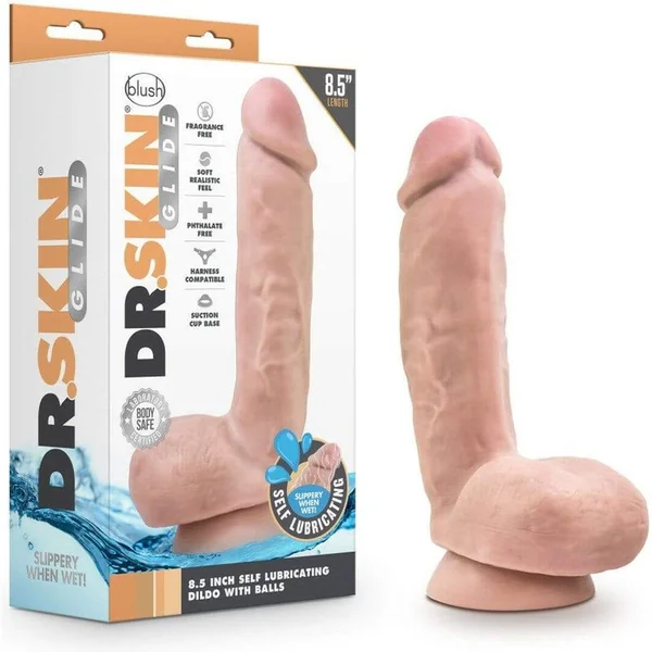 Self-Lubricating Dildo - Dr. Skin - Glide 8.5 inches with Testicles