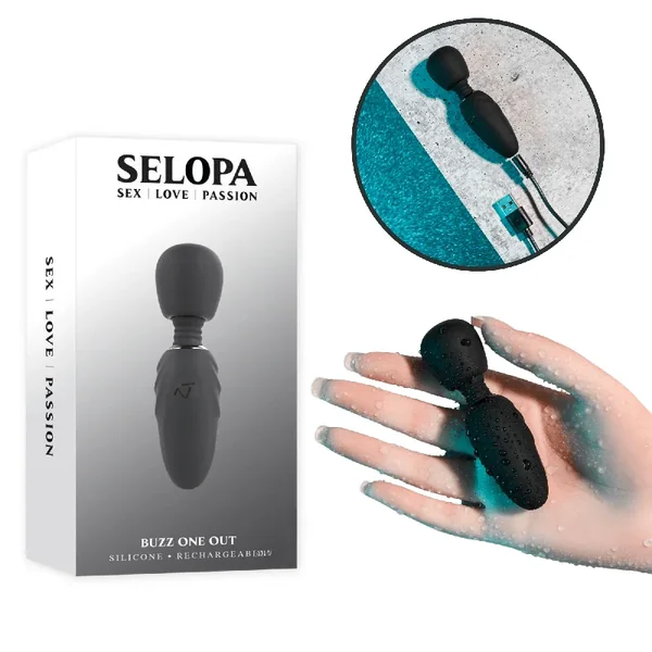 Selopa Buzz One Out Waterproof Rechargeable Silicone Mini Wand Vibrator Black