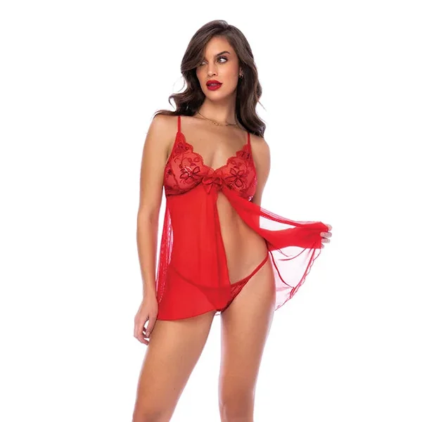 Sequin Embellished Babydoll w/G-String – Red SM