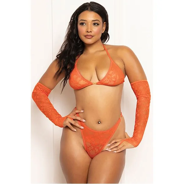 Seven Til Midnight Floral Lace Halter Triangle Top With Thong & Gauntlet Gloves