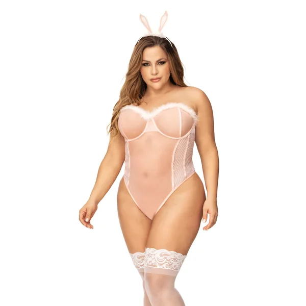 Sexy Bunny Underwire Bodysuit W/lace Up Back & Head Piece Pink 3x/4x
