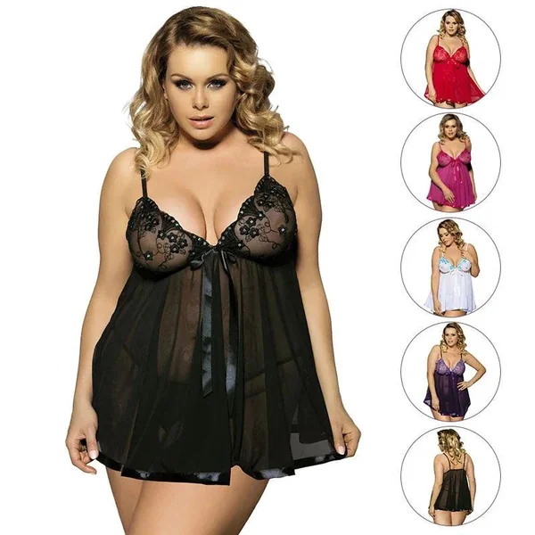 Sexy Plus Size Lingerie – Transparent Lace Babydoll V-Neck Mesh Pajamas (Up to 6XL)