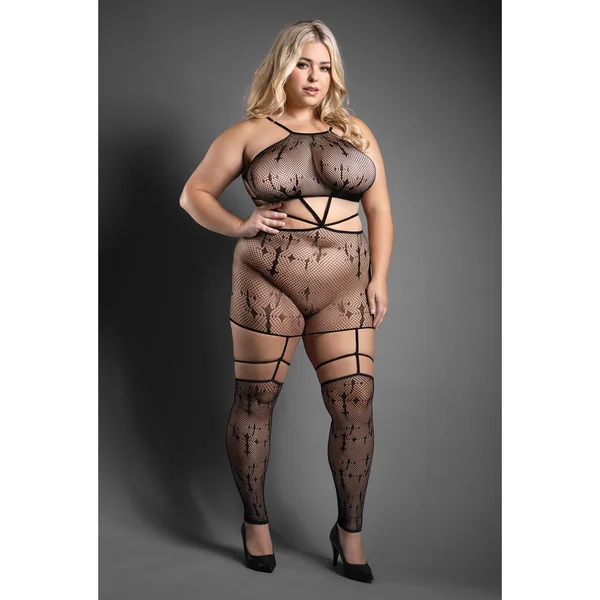 Sheer Unholy Gartered Bodystocking Dress w/Attached Stockings - Black QN