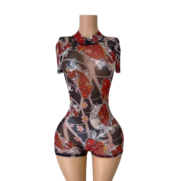 Short Tattoo Mesh Jumpsuit #001