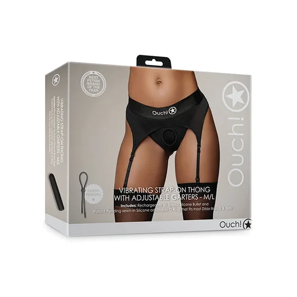 Shots Ouch Vibrating Strap On Thong w/Adjustable Garters – Black M/L