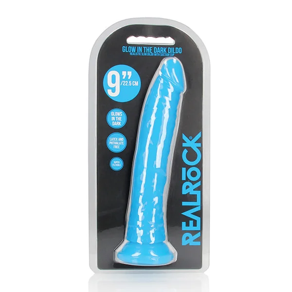 Shots Realrock 10" Slim Dildo Glow In The Dark - Neon Blue