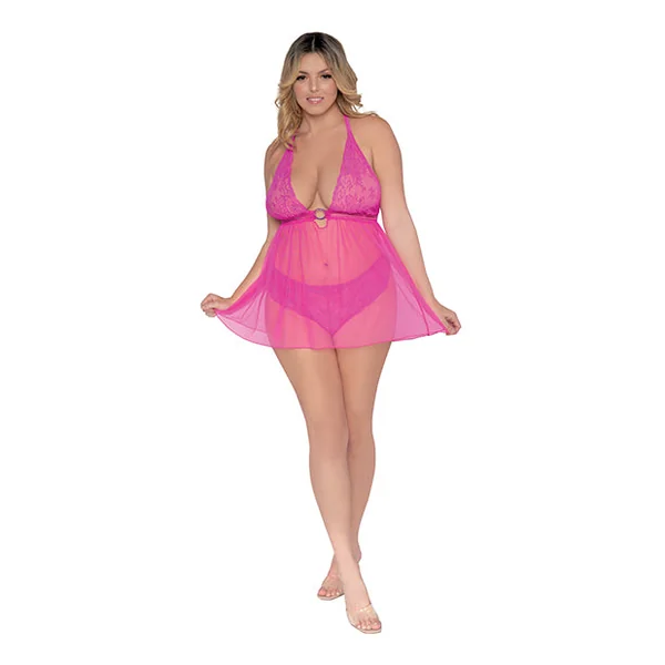 Simply Sexy Scalloped Stretch Lace & Mesh Halter T-back Babydoll Paradise Pink Qn