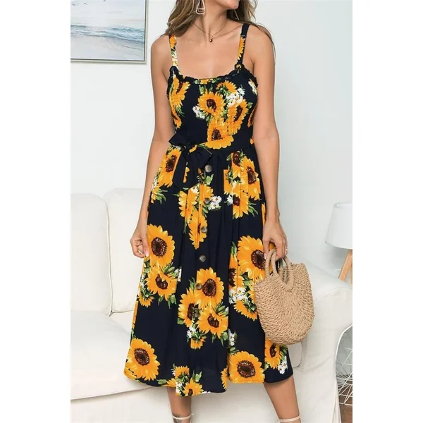 Smocked Sunflower Printed Sleeveless Cami Dress