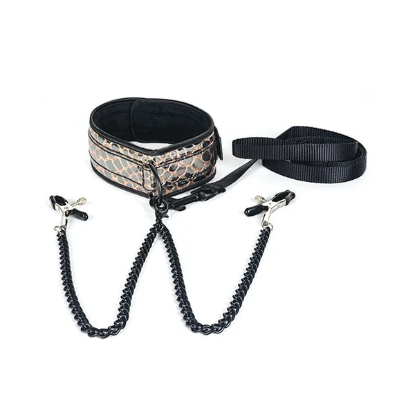 Spartacus Faux Leather Collar & Leash W-black Nipple Clamps - Gold