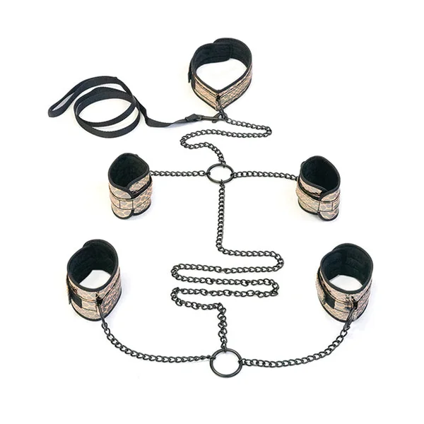 Spartacus Faux Leather Wrist and Ankle Restraints Bondage Kit With Leash