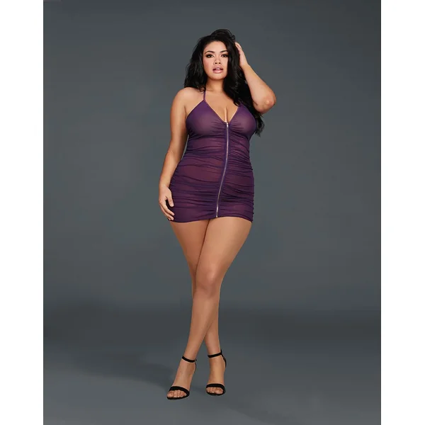 STRETCH MESH CHEMISE W/ SHIRRING DETAIL & G-STRING PLUM QUEEN