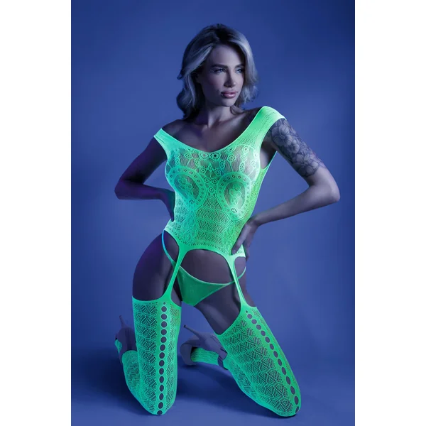 Supersonic Mosaic Bodystocking - One Size- Neon Green